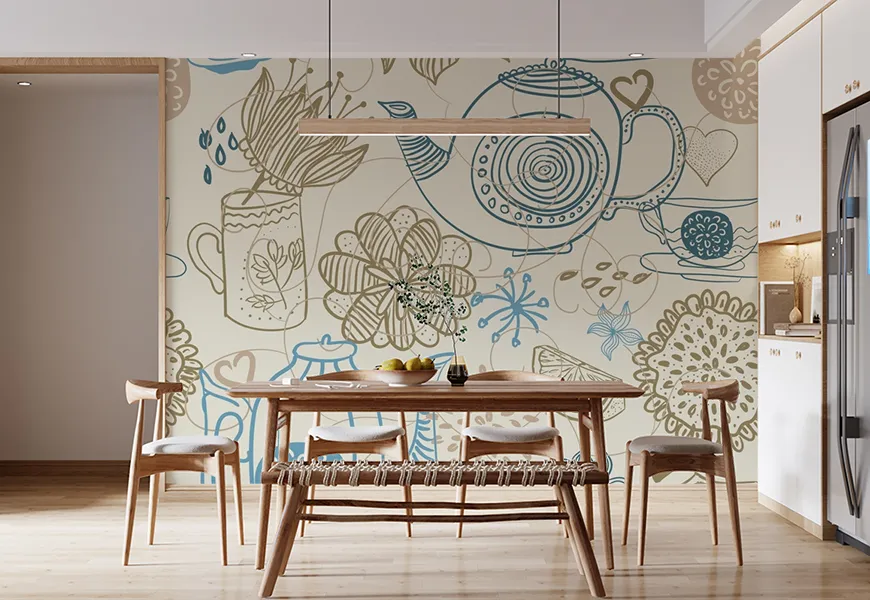 کاغذ دیواری سه بعدی آشپزخانه طرح قوری وفنجان با زمینه گل