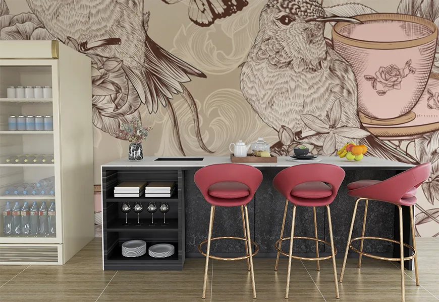 پوستر دیواری سه بعدی آشپزخانه طرح گل و مرغ
