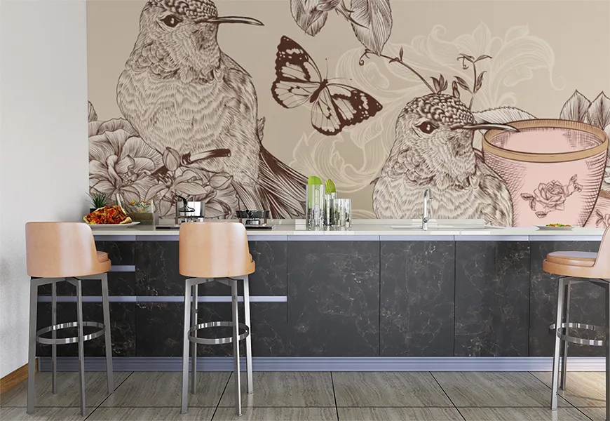 پوستر دیواری سه بعدی آشپزخانه طرح گل و مرغ
