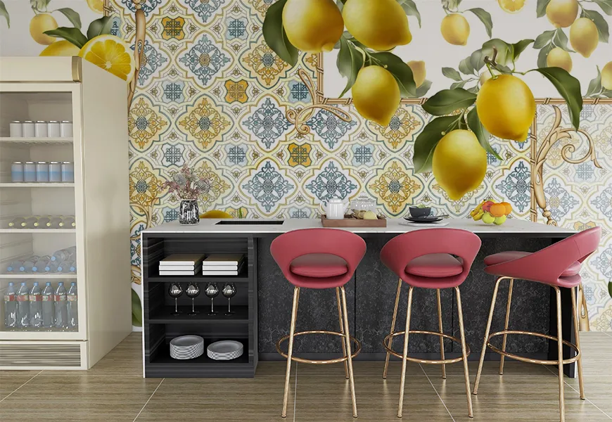 کاغذ دیواری سه بعدی آشپزخانه طرح لیمو با زمینه کاشی