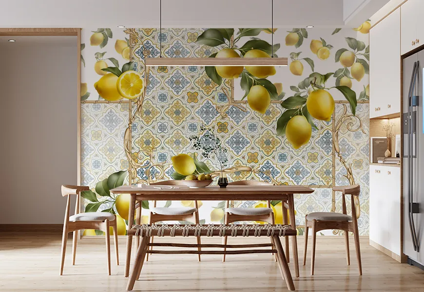 کاغذ دیواری سه بعدی آشپزخانه طرح لیمو با زمینه کاشی