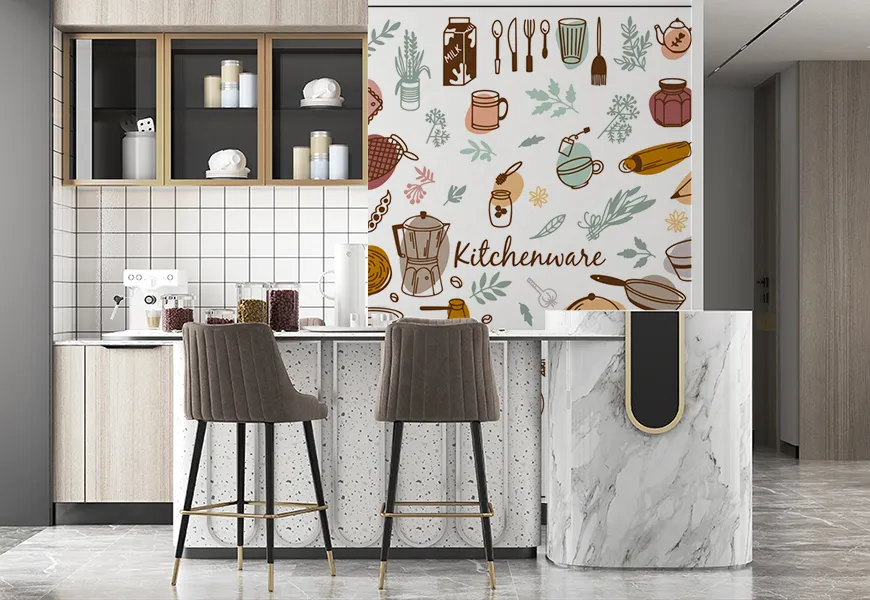 کاغذ دیواری سه بعدی آشپزخانه طرح وسایل آشپزخانه