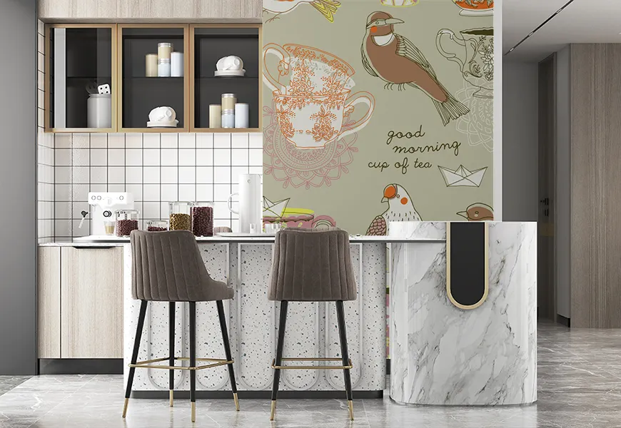 پوستر دیواری سه بعدی آشپزخانه طرح فنجان چینی و پرنده