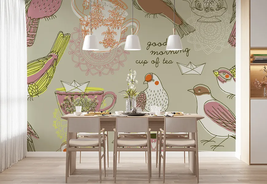 پوستر دیواری سه بعدی آشپزخانه طرح فنجان چینی و پرنده