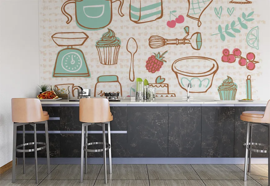 پوستر دیواری سه بعدی آشپزخانه طرح وسایل شیرینی پزی