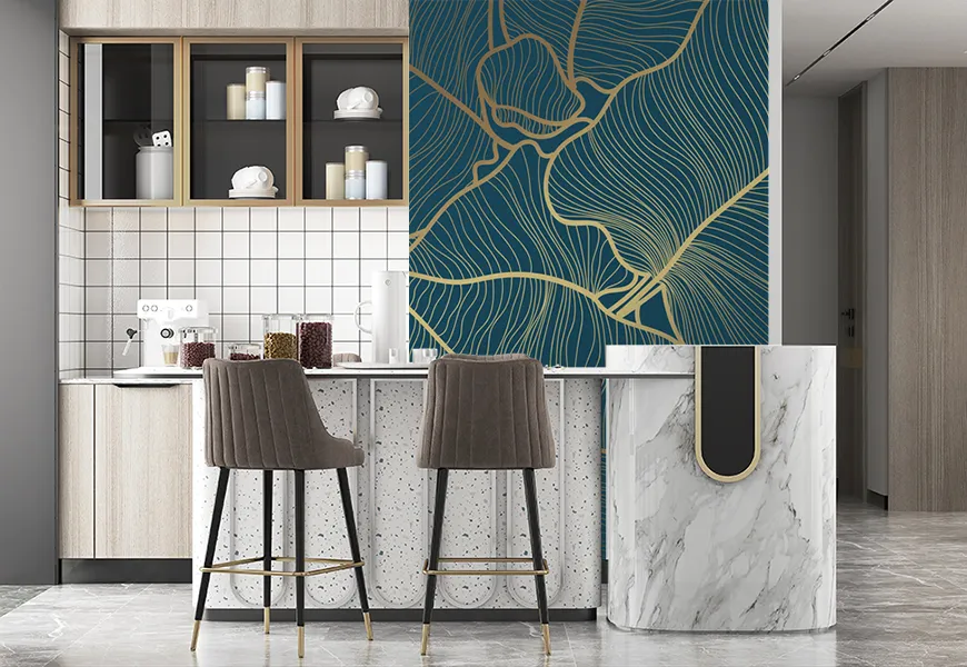 کاغذ دیواری سه بعدی آشپزخانه طرح برگ طلایی