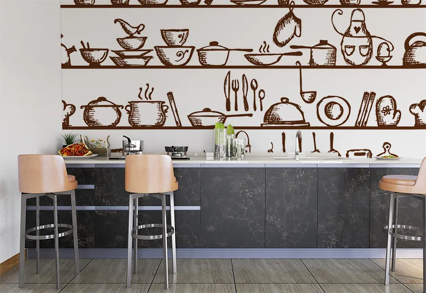 پوستر دیواری سه بعدی آشپزخانه طرح طبقه ظروف آشپزخانه