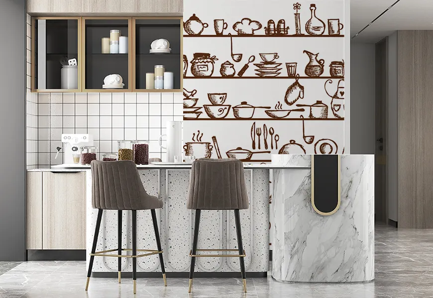 پوستر دیواری سه بعدی آشپزخانه طرح طبقه ظروف آشپزخانه