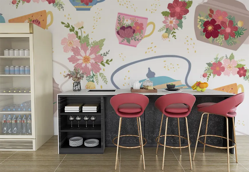 کاغذ دیواری سه بعدی آشپزخانه طرح قوری و فنجان گلدار