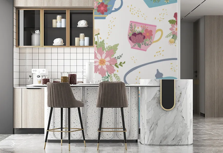 کاغذ دیواری سه بعدی آشپزخانه طرح قوری و فنجان گلدار