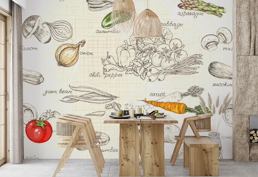 کاغذ دیواری سه بعدی آشپزخانه طرح سبزیجات