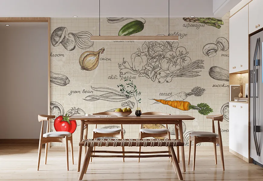کاغذ دیواری سه بعدی آشپزخانه طرح سبزیجات
