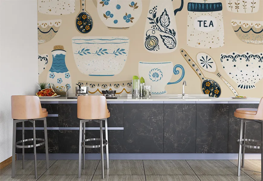پوستر دیواری سه بعدی آشپزخانه طرح ظروف دکوراتیو
