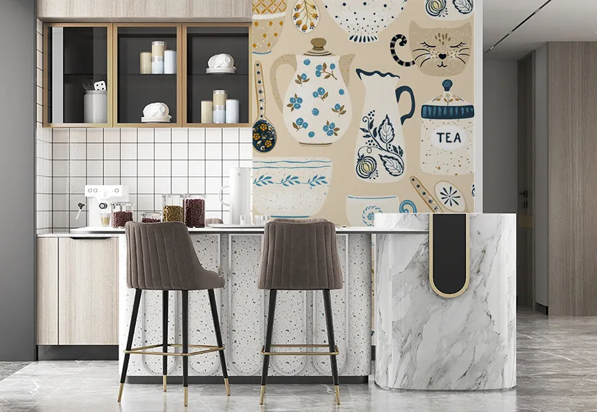 پوستر دیواری سه بعدی آشپزخانه طرح ظروف دکوراتیو