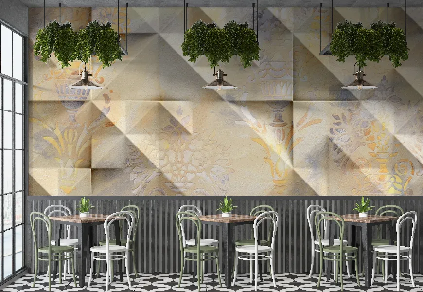 کاغذ دیواری سه بعدی رستوران طرح اشکال هندسی بازمینه گل