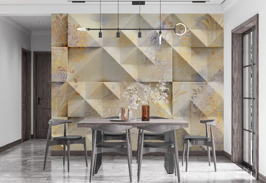کاغذ دیواری سه بعدی رستوران طرح اشکال هندسی بازمینه گل