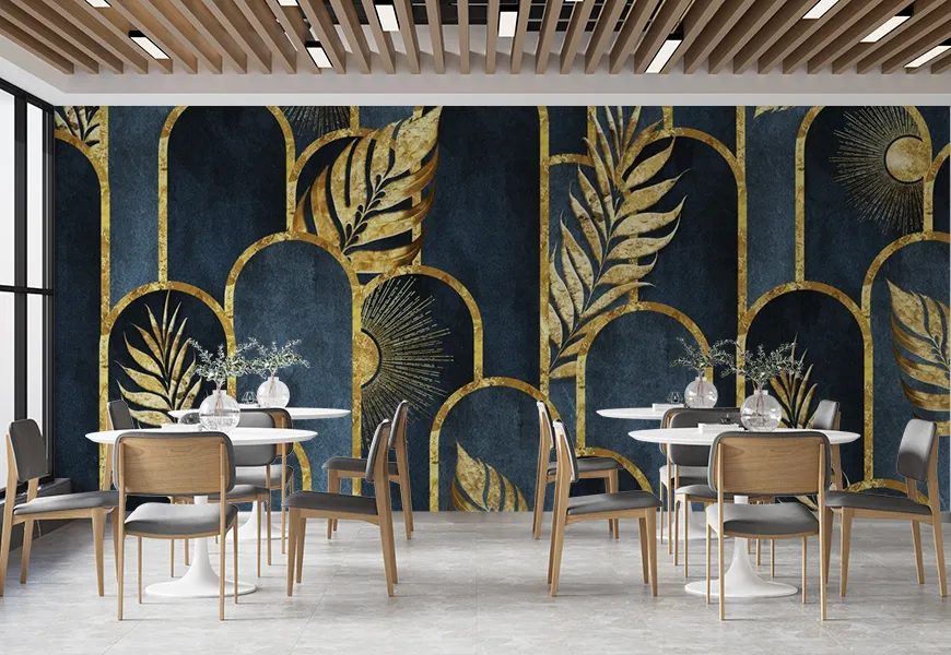 پوستر دیواری سه بعدی رستوران طرح برگ و اشکال هندسی