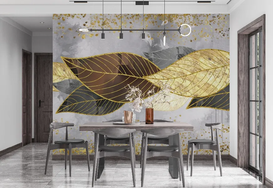 کاغذ دیواری سه بعدی رستوران طرح برگ طلایی با زمینه پتینه