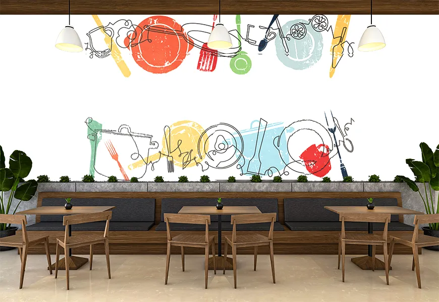 پوستر دیواری سه بعدی رستوران طرح ظروف غذا