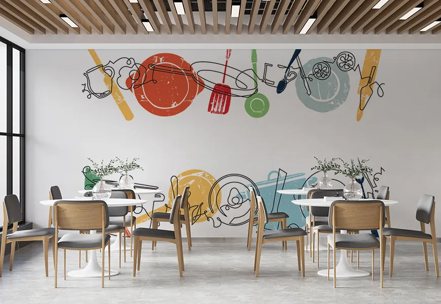 پوستر دیواری سه بعدی رستوران طرح ظروف غذا