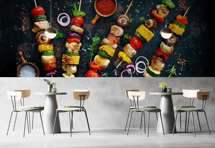 پوستر دیواری سه بعدی رستوران طرح سیخ جوجه وسبزیجات
