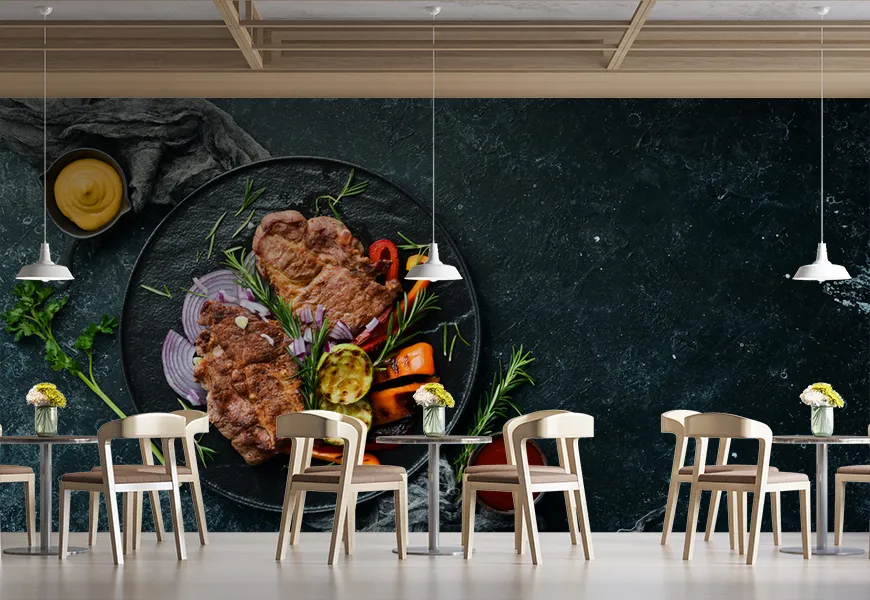 پوستر دیواری سه بعدی رستوران طرح بشقاب استیک وسبزیجات