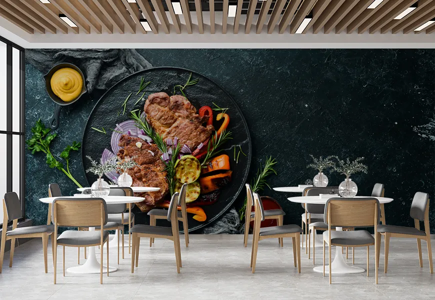 پوستر دیواری سه بعدی رستوران طرح بشقاب استیک وسبزیجات