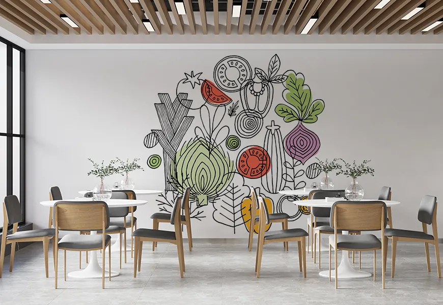 پوستر دیواری سه بعدی رستوران طرح نقاشی سبزیجات