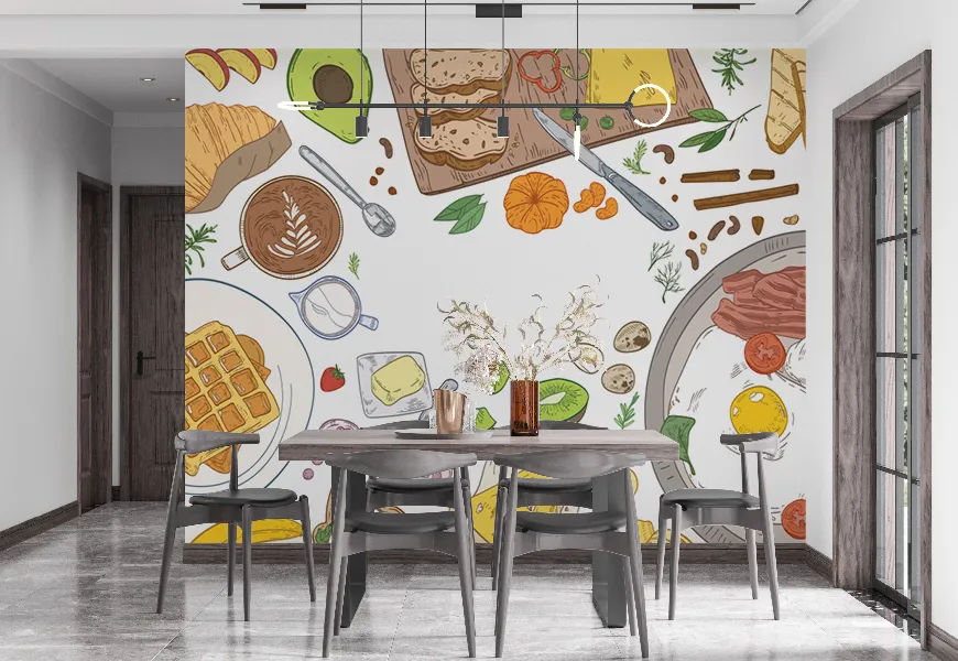 کاغذ دیواری سه بعدی رستوران طرح میز صبحانه