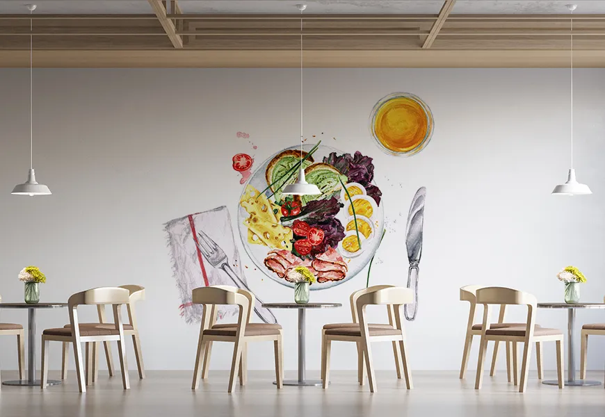 کاغذ دیواری سه بعدی رستوران طرح نقاشی آبرنگ بشقاب غذا