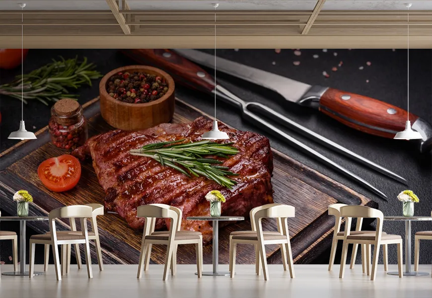 پوستر دیواری سه بعدی رستوران طرح برش استیک