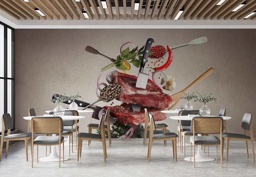 پوستر دیواری سه بعدی رستوران طرح گوشت و سبزیجات