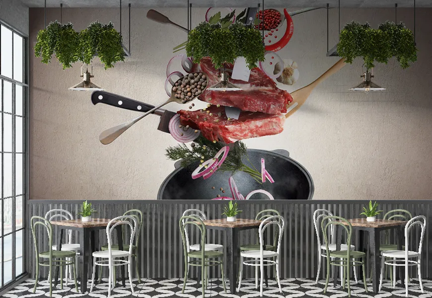 پوستر دیواری سه بعدی رستوران طرح گوشت و سبزیجات