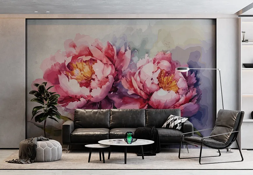 کاغذ دیواری سه بعدی نقاشی آبرنگ گل رز با پس زمینه سفید