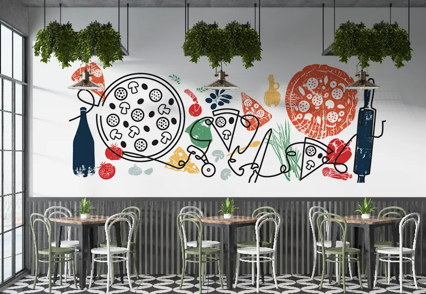 کاغذ دیواری سه بعدی رستوران طرح نقاشی آبرنگ پیتزا