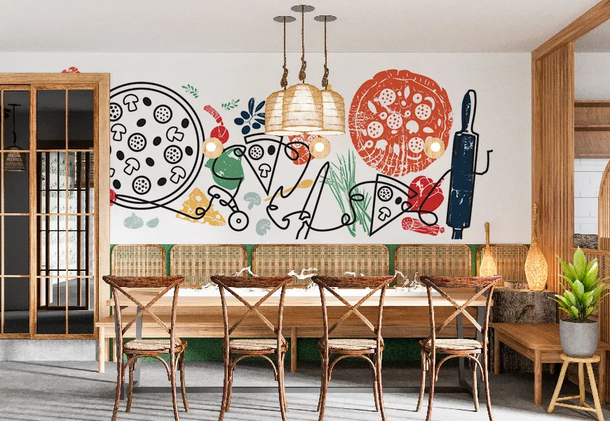 کاغذ دیواری سه بعدی رستوران طرح نقاشی آبرنگ پیتزا