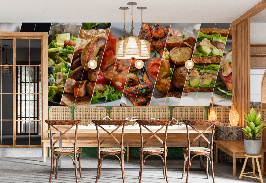 پوستر دیواری سه بعدی رستوران طرح برشی از عکس های غذاها