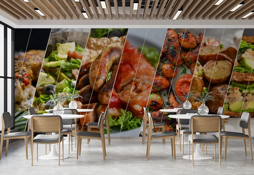 پوستر دیواری سه بعدی رستوران طرح برشی از عکس های غذاها