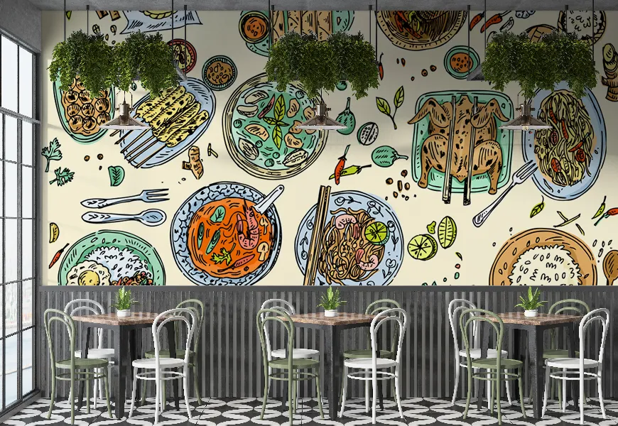 پوستر دیواری سه بعدی رستوران طرح میز غذاهای تایلندی