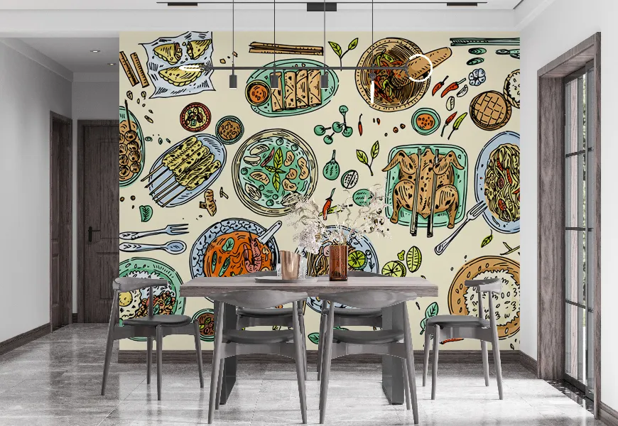 پوستر دیواری سه بعدی رستوران طرح میز غذاهای تایلندی