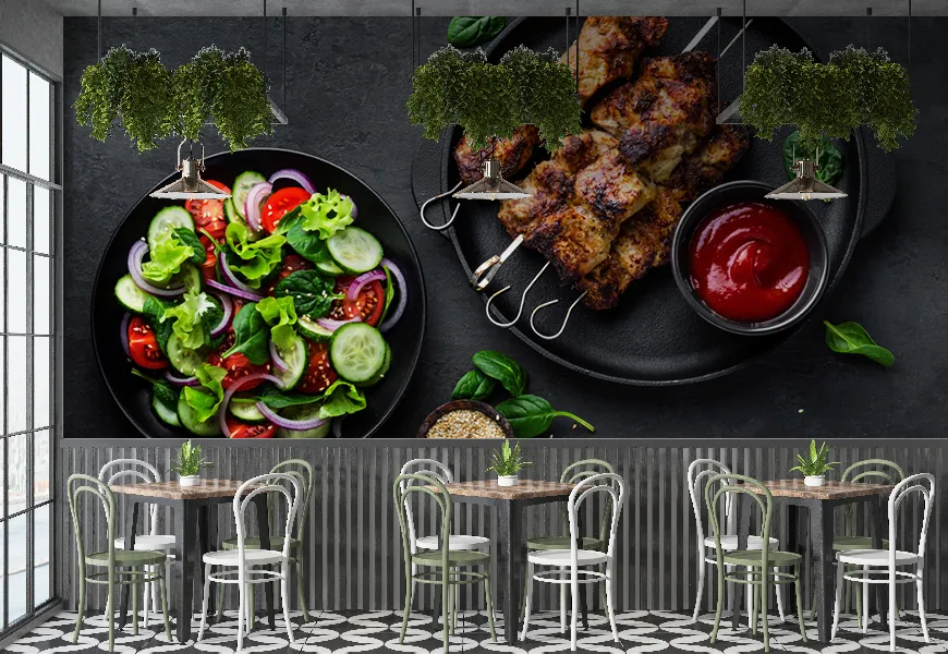 پوستر دیواری سه بعدی رستوران طرح سیخ کبابی شیشلیک