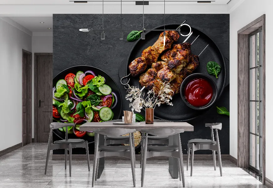 پوستر دیواری سه بعدی رستوران طرح سیخ کبابی شیشلیک