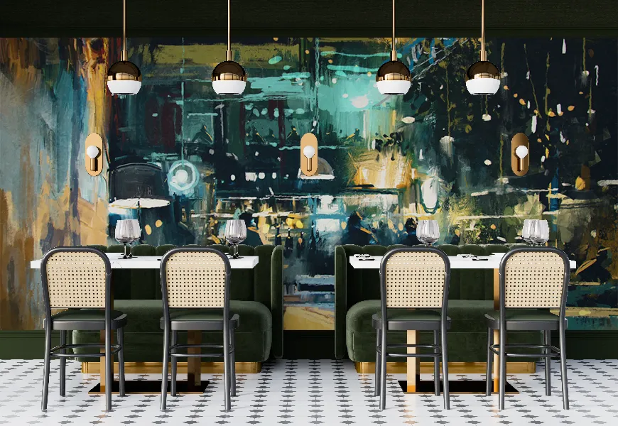 پوستر دیواری سه بعدی رستوران طرح نقاشی آبرنگ بار رستوران