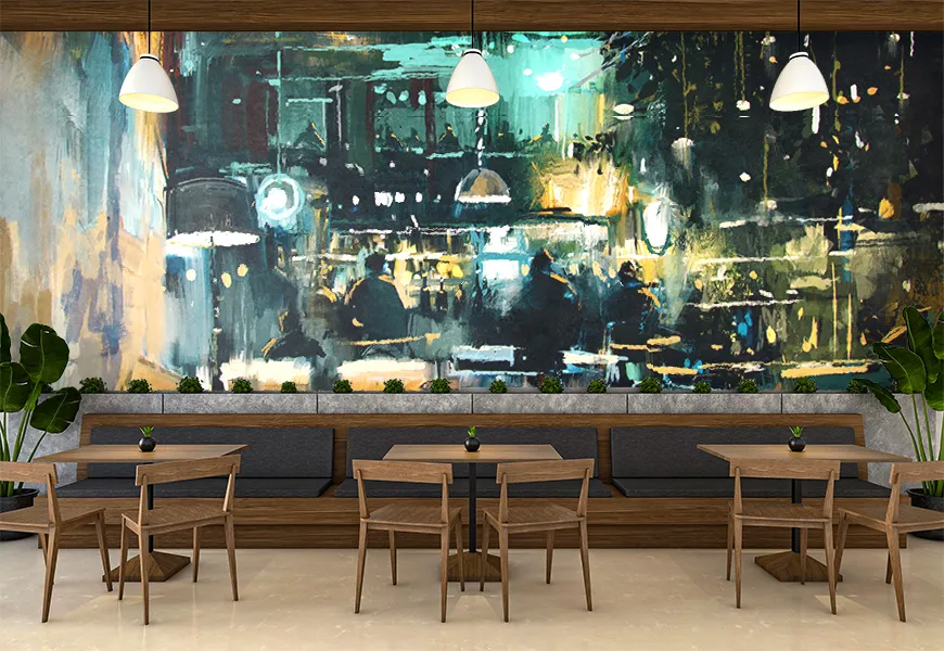 پوستر دیواری سه بعدی رستوران طرح نقاشی آبرنگ بار رستوران