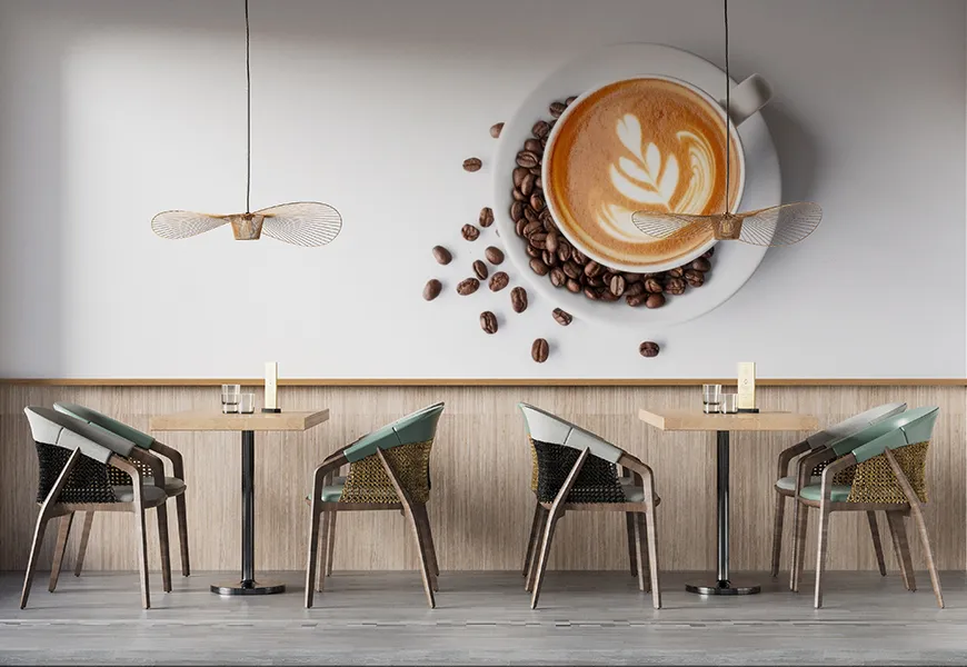 پوستر دیواری سه بعدی کافی شاپ طرح فنجان تزیین شده قهوه
