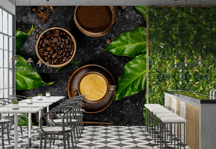 پوستر دیواری سه بعدی کافی شاپ طرح ترکیب قهوه در پس زمینه روستایی تیره