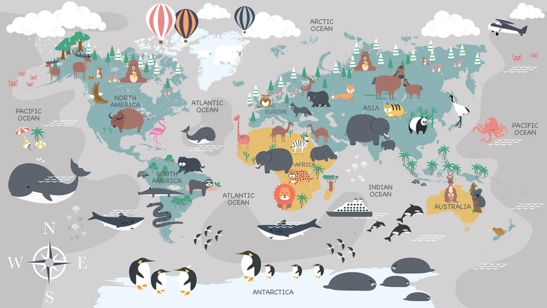 پوستر سه بعدی مدرسه طرح نقشه جهان حیوانات کارتونی