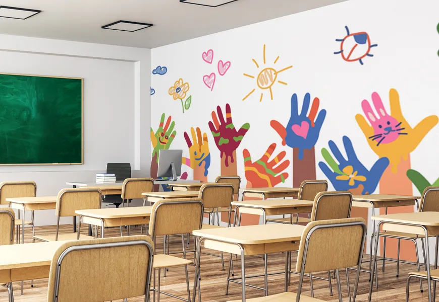 پوستر سه بعدی مدرسه طرح دستهای نقاشی آبرنگ
