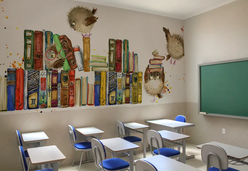 کاغذ دیواری سه بعدی مهد کودک طرح کتابخانه جغدها