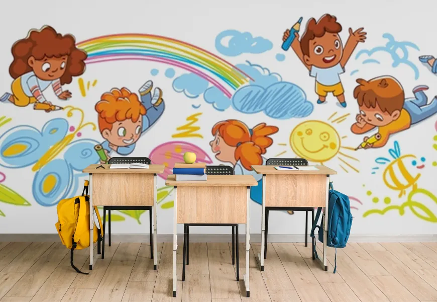 کاغذ دیواری سه بعدی مهد کودک طرح نقاشی کشیدن کودکان روی زمین